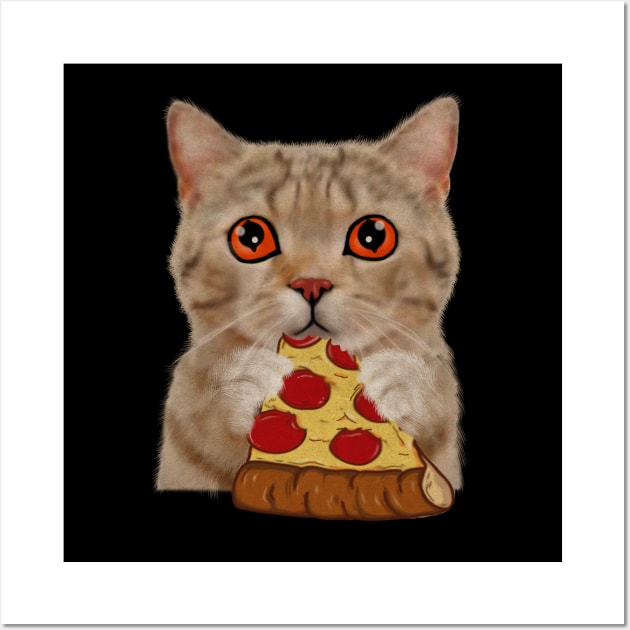 Cute Cat Eating Pizza Wall Art by dukito